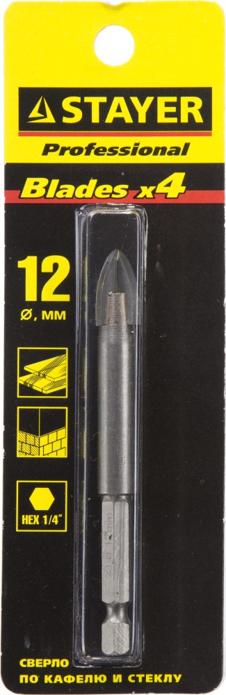 STAYER 12 мм, 4х кромка, HEX 1/4, Сверло по стеклу и кафелю (2985-12)