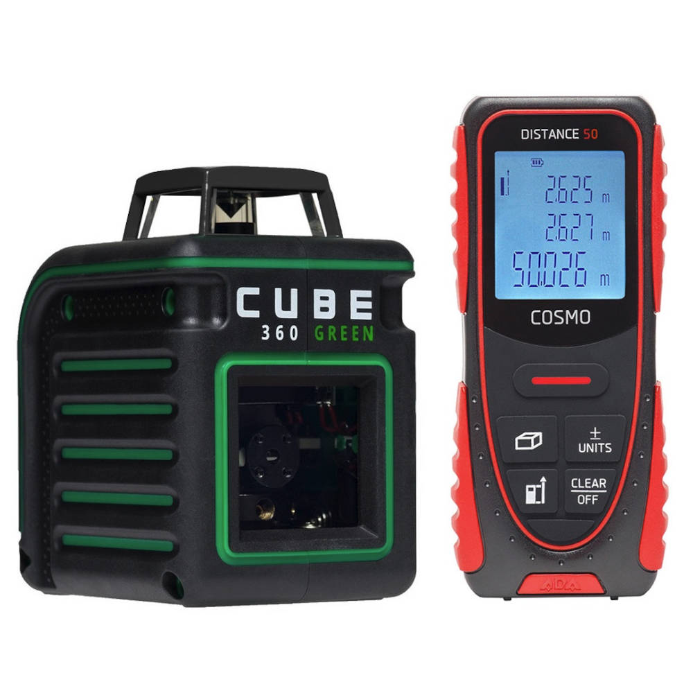 НОВОГОДНИЙ КОМПЛЕКТ Лазерный уровень ADA CUBE 360 GREEN Basic Edition + Дальномер лазерный ADA Cosmo 50