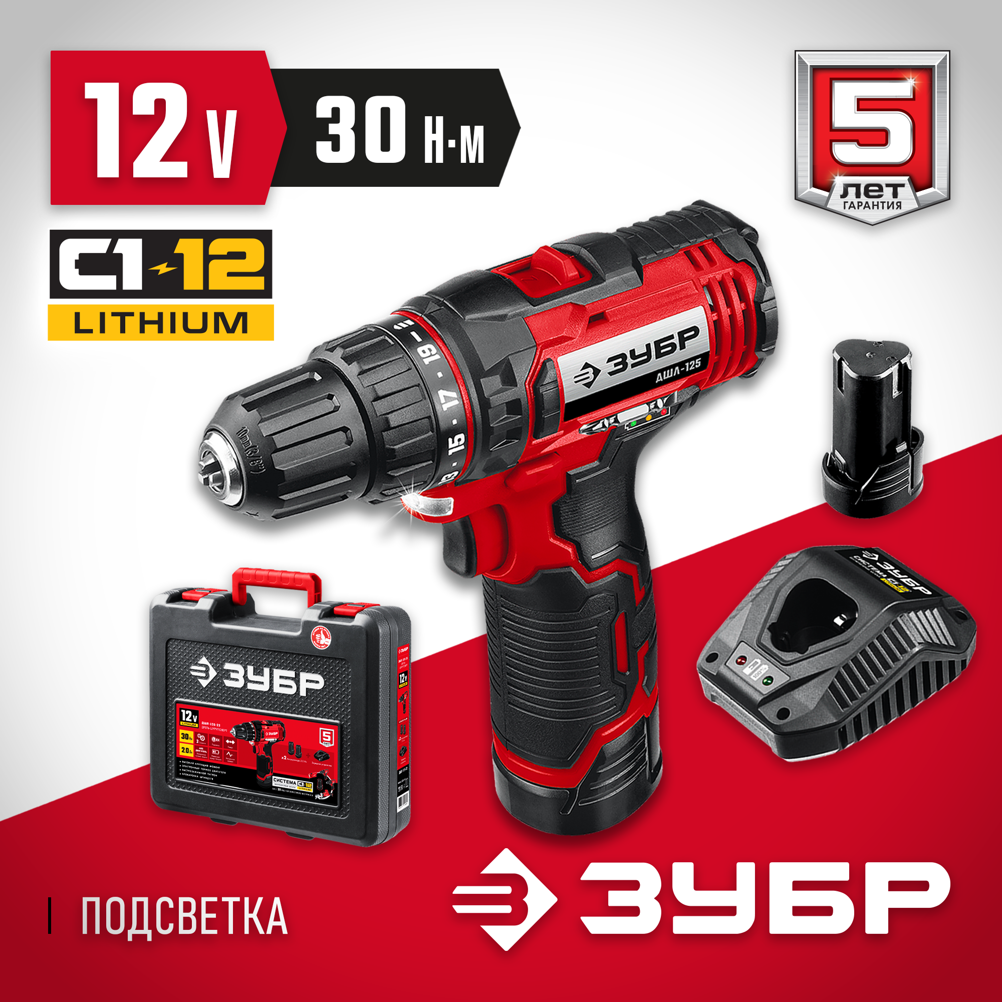 ЗУБР С1-12, 12 В, 30 Н·м, 2 АКБ (2 А·ч), дрель-шуруповерт, кейс (ДШЛ-125-22)