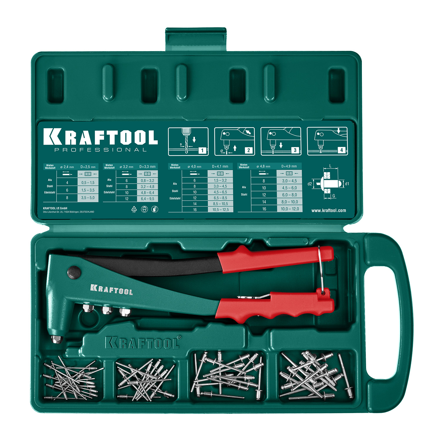 KRAFTOOL X-3, 2.4 - 4.8 мм, 260 мм, литой заклепочник в кейсе (31170-H6)