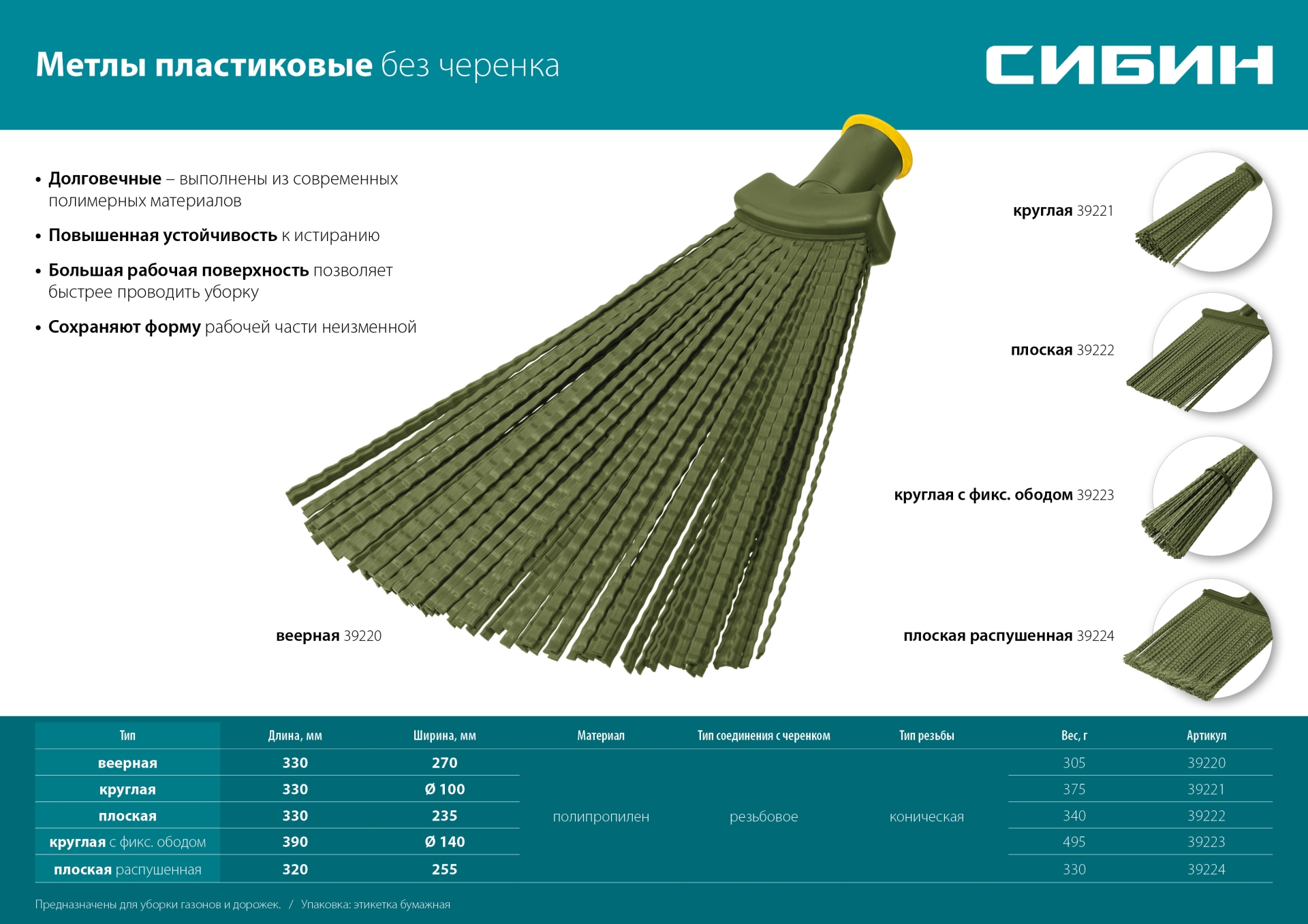 СИБИН 420 х 110 мм, полипропилен, коническое резьбовое соединение, круглая, пластиковая метла (39221)