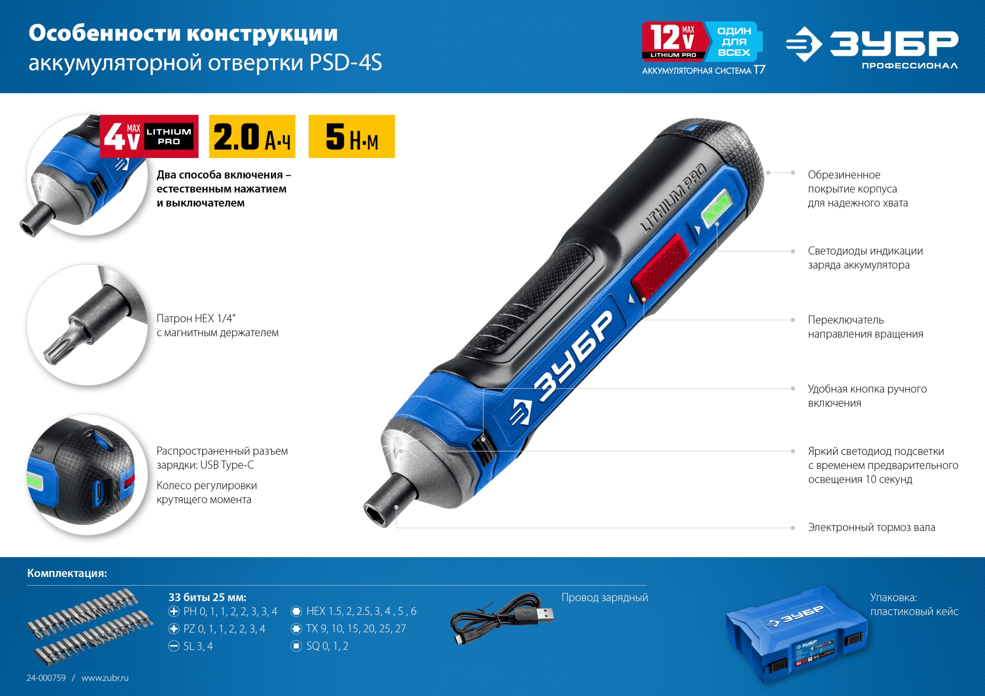 ЗУБР ZUBR GO 4 Vmax, аккумуляторная отвертка, кейс, 33 биты, Профессионал (PSD-4S)