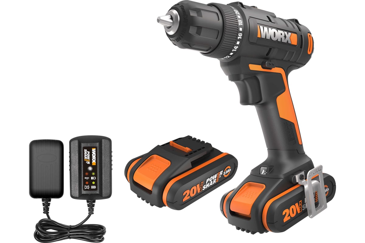 Дрель-шуруповерт аккумуляторная WORX WX100.2, 20В, 2Ач х2, ЗУ 0,4А, сумка