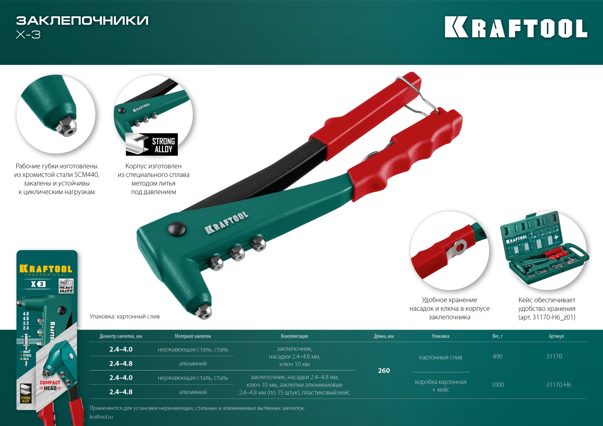 KRAFTOOL X-3, 2.4 - 4.8 мм, 260 мм, литой заклепочник в кейсе (31170-H6)
