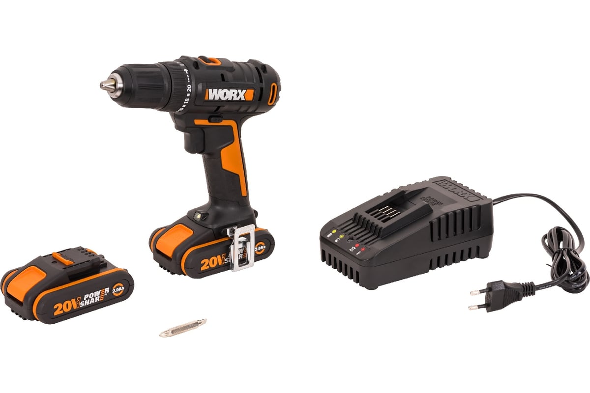 Дрель-шуруповерт аккумуляторная WORX WX108, 45Нм, 20В, 2Ач x2, ЗУ 2А, кейс