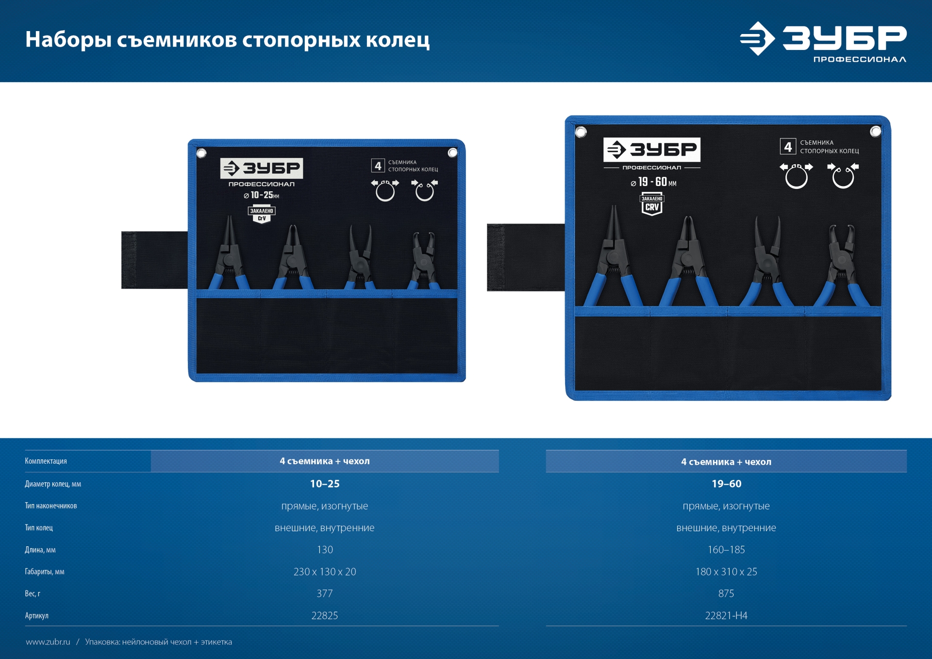 ЗУБР 4 шт, 180 мм, набор съемников стопорных колец, Профессионал (22826)