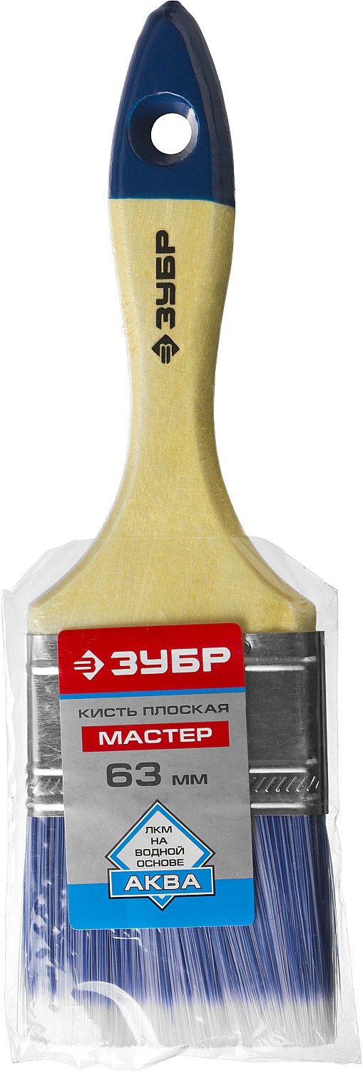ЗУБР АКВА, 63 мм, 2.5″, светлая искусственная щетина, деревянная ручка, для воднодисперсионных и акриловых ЛКМ, плоская кисть (4-01007-063)