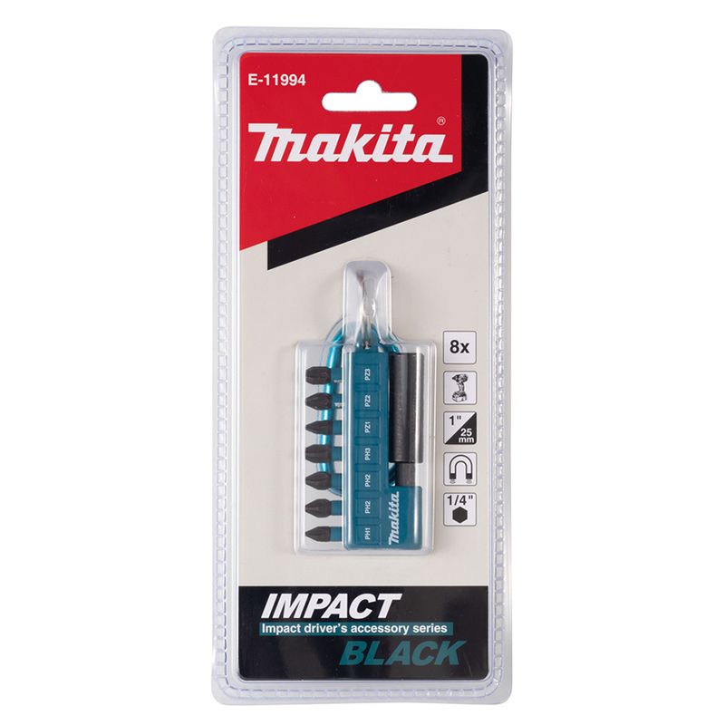 Набор бит Makita Impact Black 25 мм 8 шт.(PH1,2XPH2,PH3,PZ1,PZ2,PZ3,магнитный держатель)