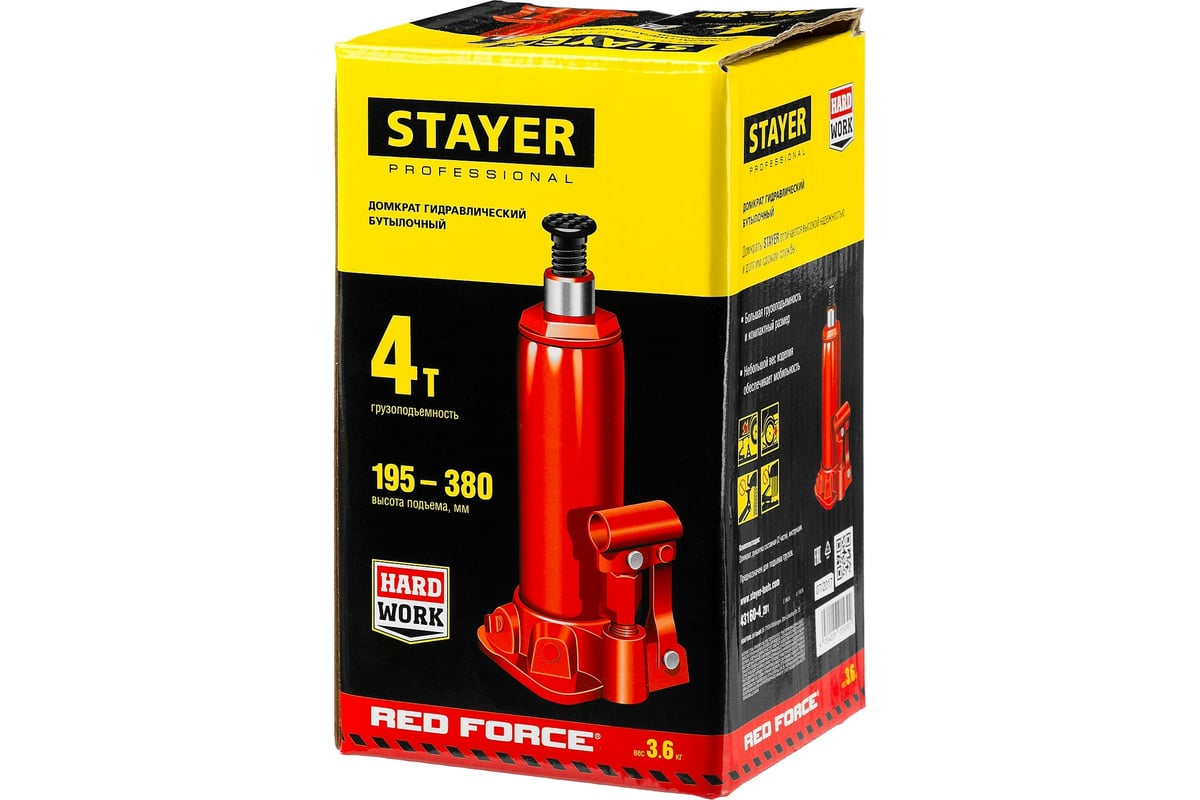 Домкрат STAYER RED FORCE бутылочный гидравлический 194-372 мм 4т.