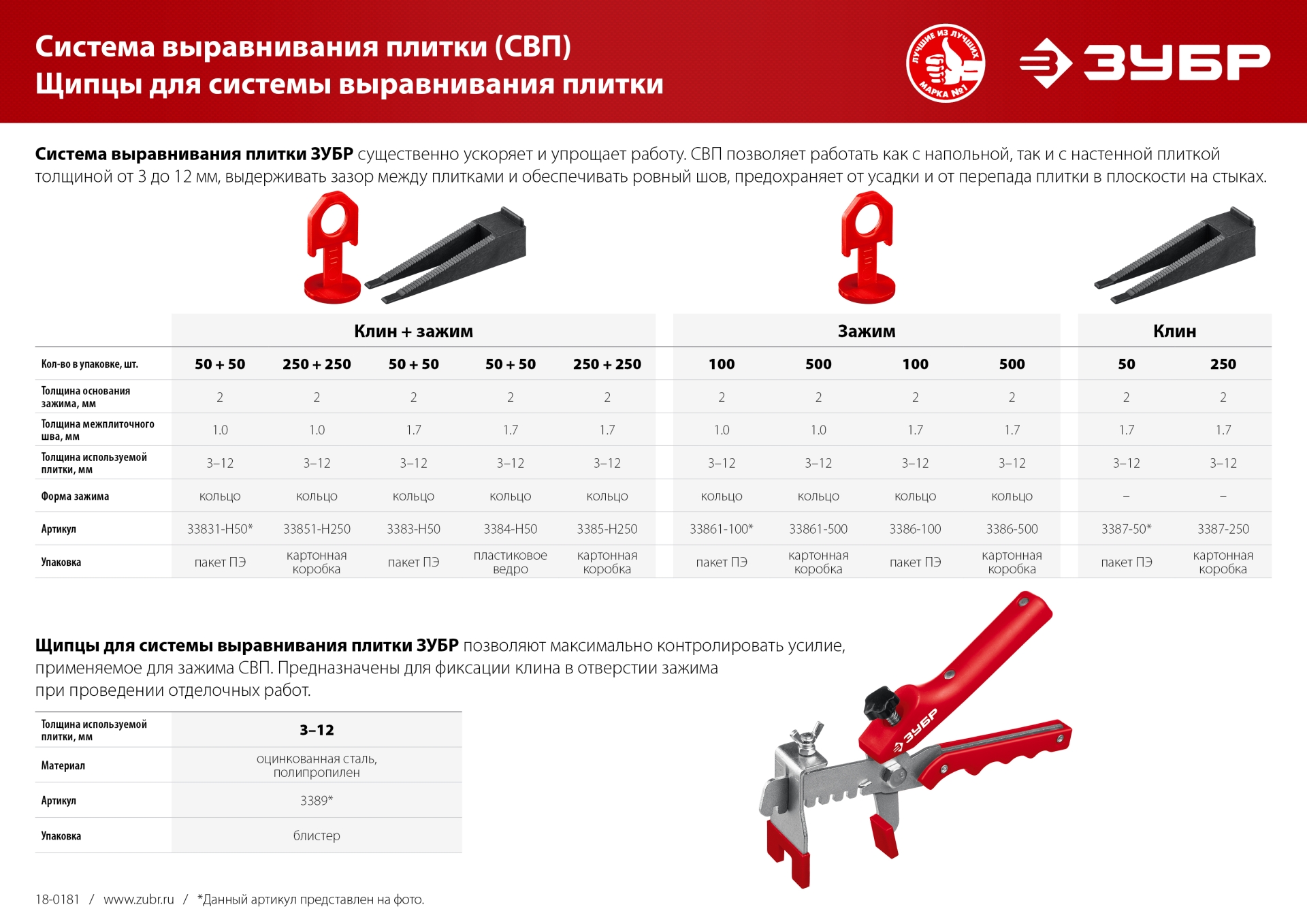 ЗУБР СВП, комплект: 1,0 мм, зажим + клин, 250 + 250 шт, система выравнивания плитки (33851-H250)