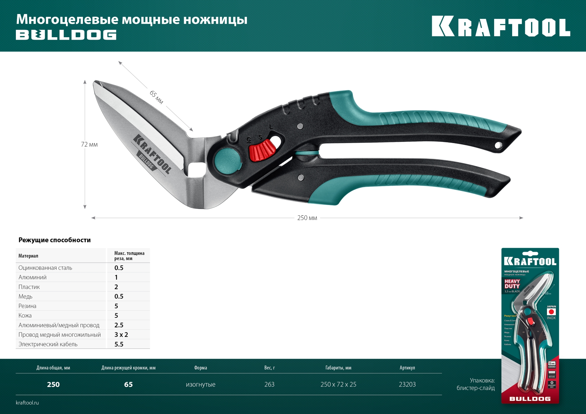 KRAFTOOL BULLDOG, 250 мм, многофункциональные прямые технические ножницы (23203)