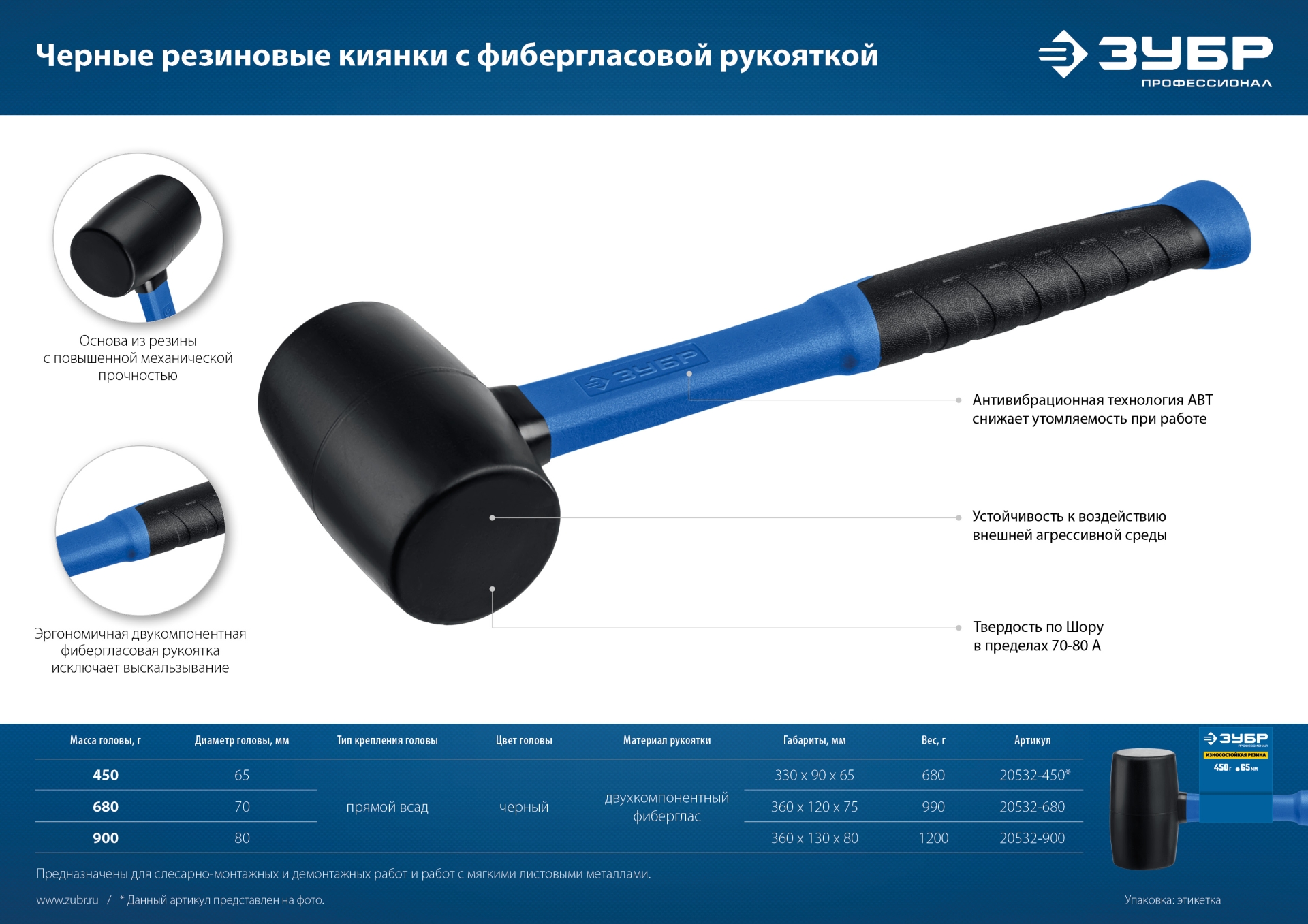 ЗУБР 900 г, чёрная, резиновая киянка, Профессионал (20532-900)