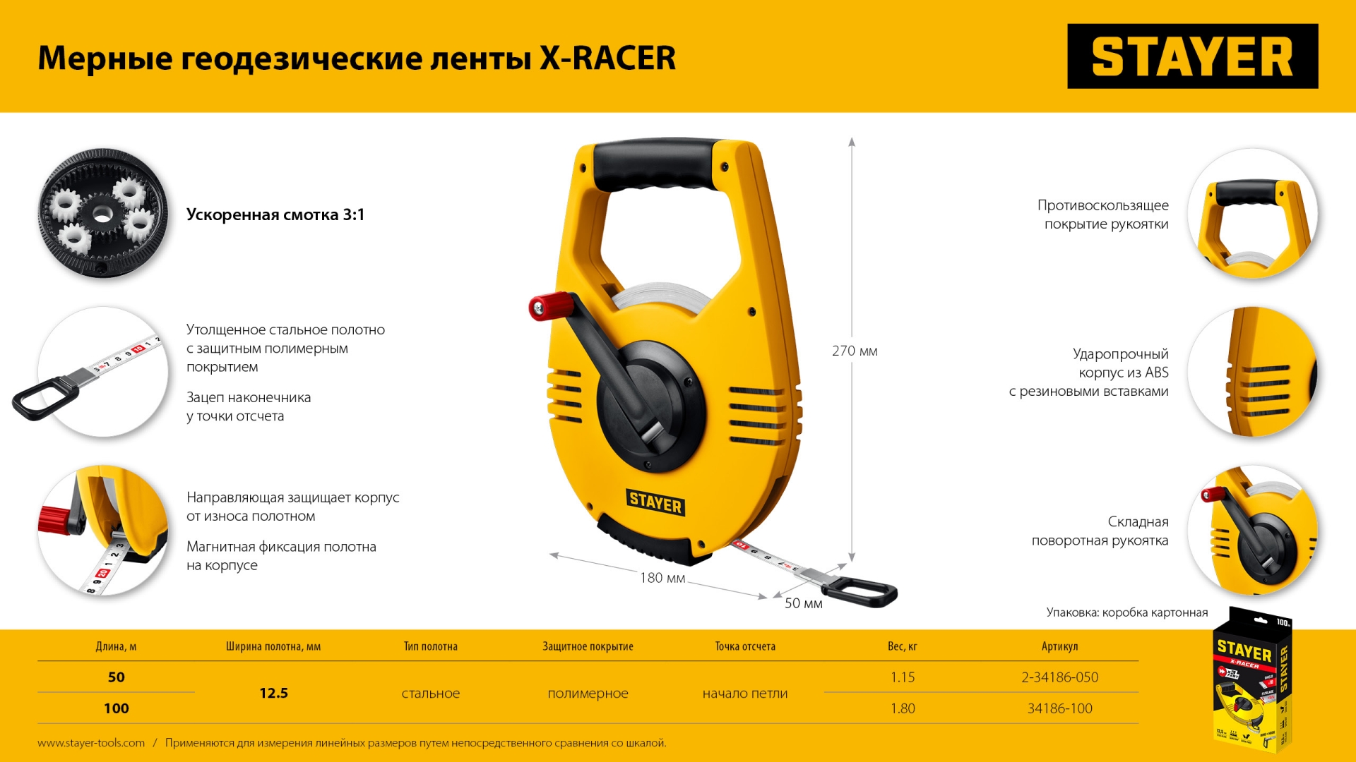 STAYER Racer, 50 м, геодезическая стальная мерная лента, Professional (2-34186-050)