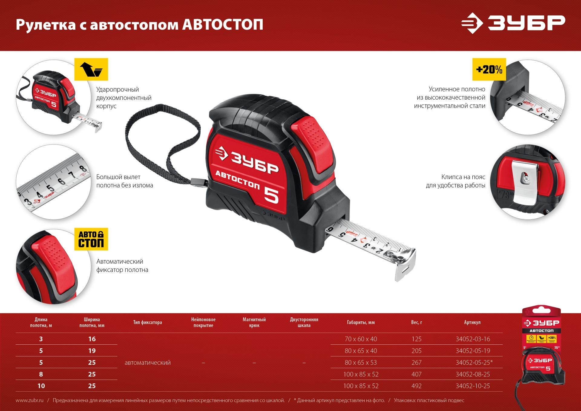 ЗУБР Автостоп, 5 м х 25 мм, рулетка с автостопом (34052-05-25)