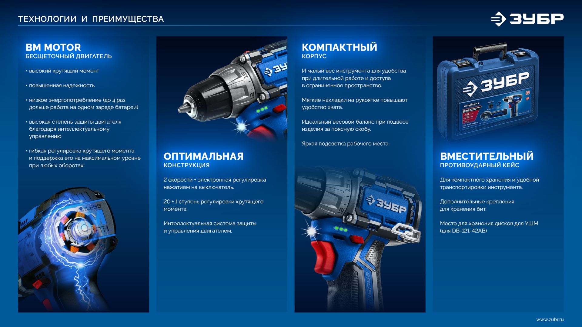 ЗУБР КОМПАКТ #4, набор: дрель-шуруповерт + LED фонарь, BRUSHLESS, 12 В, 45 Н·м, 2 АКБ тип Т7 (2 А·ч), кейс, Профессионал (DB-121-22F)