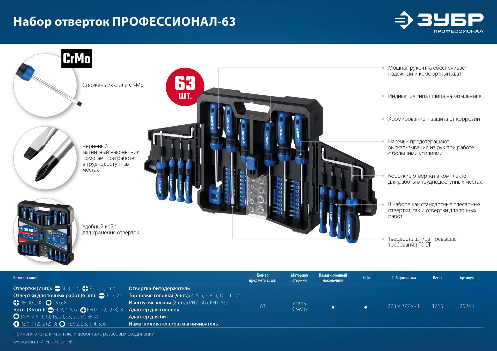 ЗУБР 63 предм., набор отверток, Профессионал (25243)