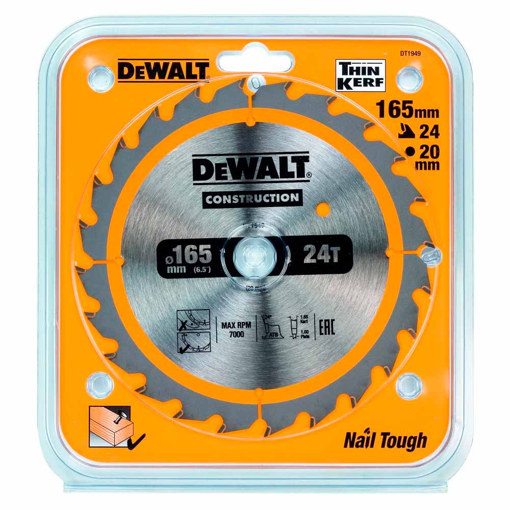 Диск пильный DeWalt твердосплавный 165х20 мм, 24 зуба CONSTRUCT DT1949