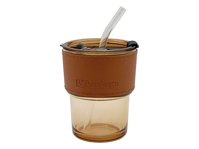 Стакан стеклянный для напитков с трубочкой и кожаным кейсом, 400 мл, Amber, PERFECTO LINEA (31-400200)