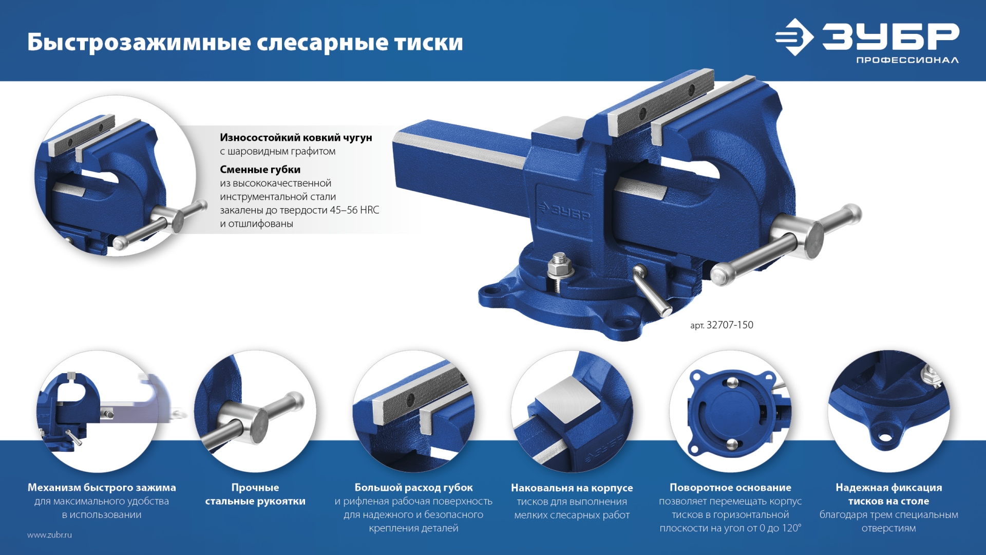 ЗУБР 150 мм, быстрозажимные слесарные тиски, Профессионал (32707-150 )