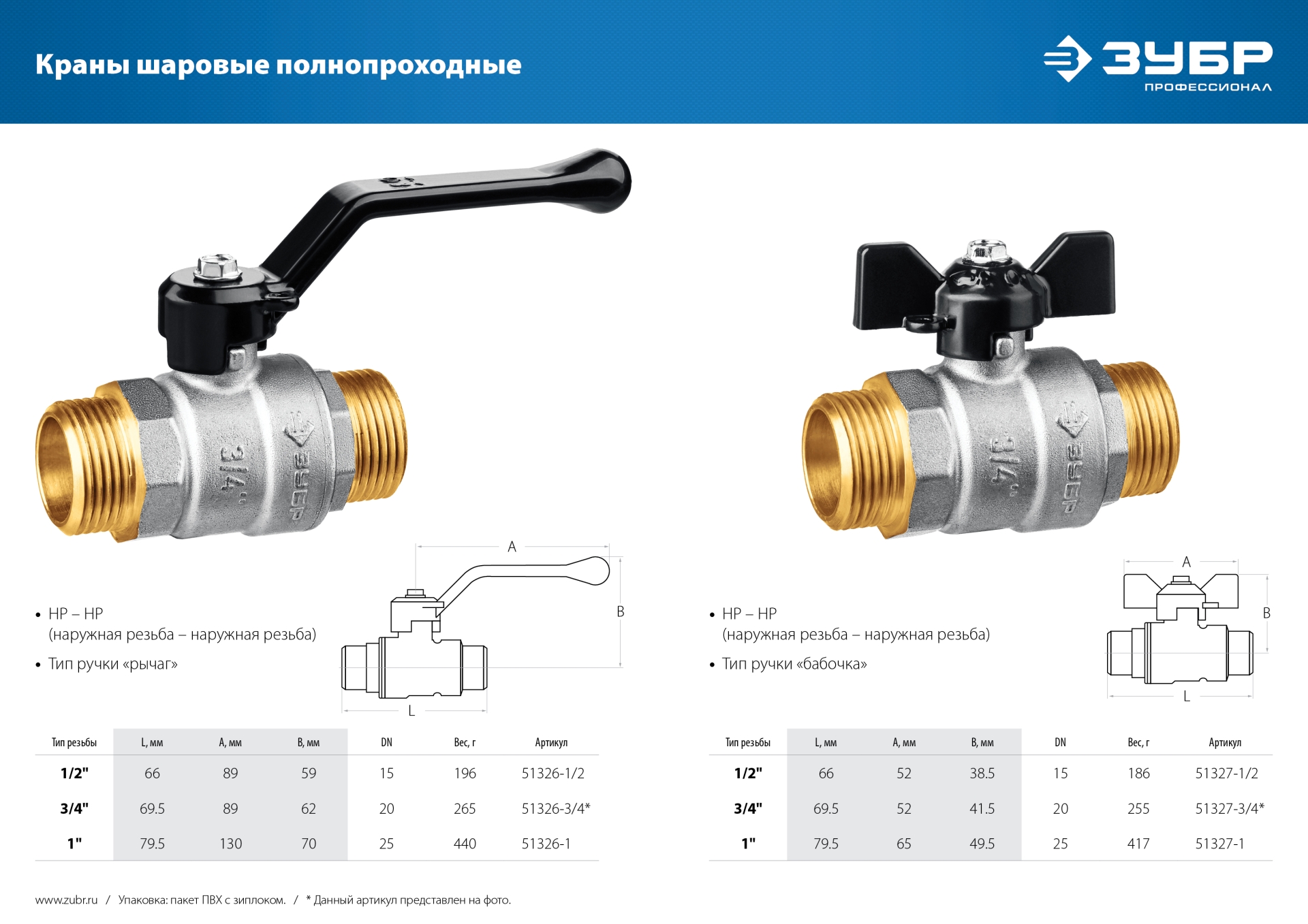 ЗУБР d 1/2″, ручка-рычаг, ″папа-папа″, полнопроходной шаровой кран (51326-1/2)