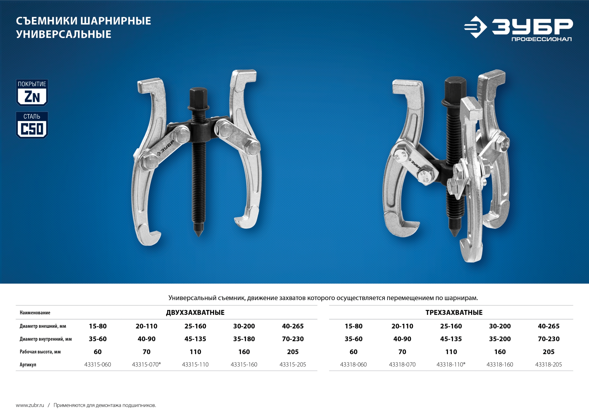 ЗУБР внешний d 20 - 110 мм, внутренний d 40 - 90 мм, шарнирный трехзахватный съемник внешний, Профессионал (43318-070)