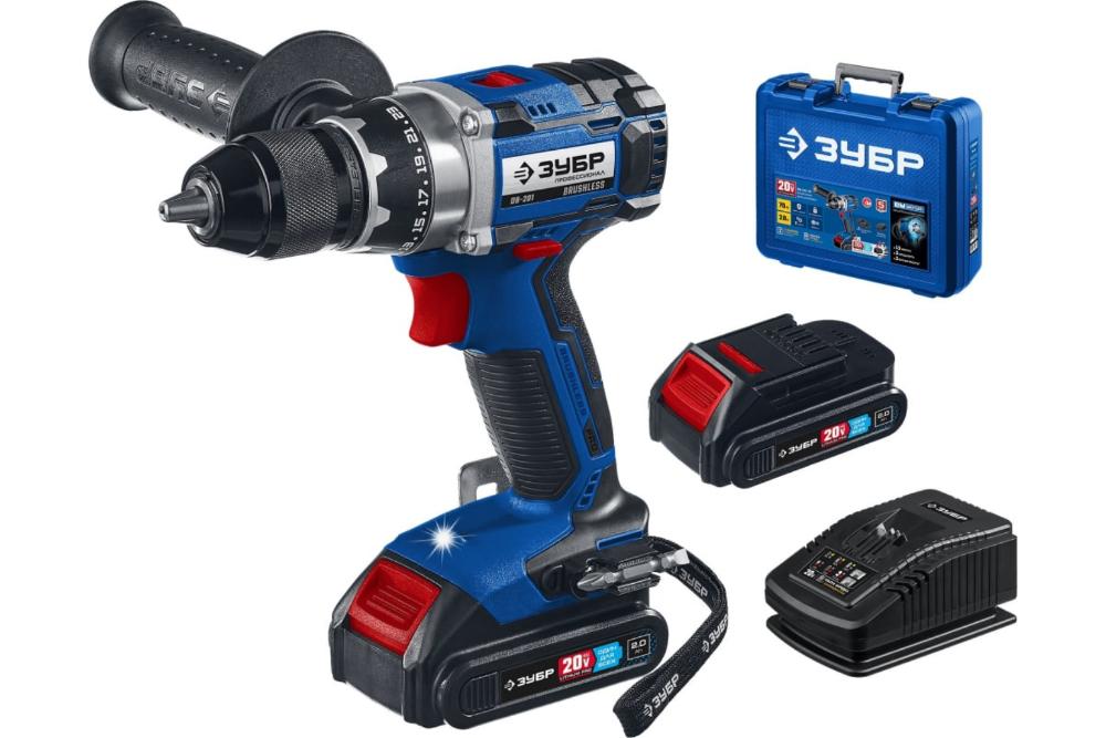 Дрель-шуруповерт бесщеточнаям кейс, ЗУБР Т7, 20 В, 70 Н·м, 2 АКБ (2 А·ч). Профессионал (DB-201-22)