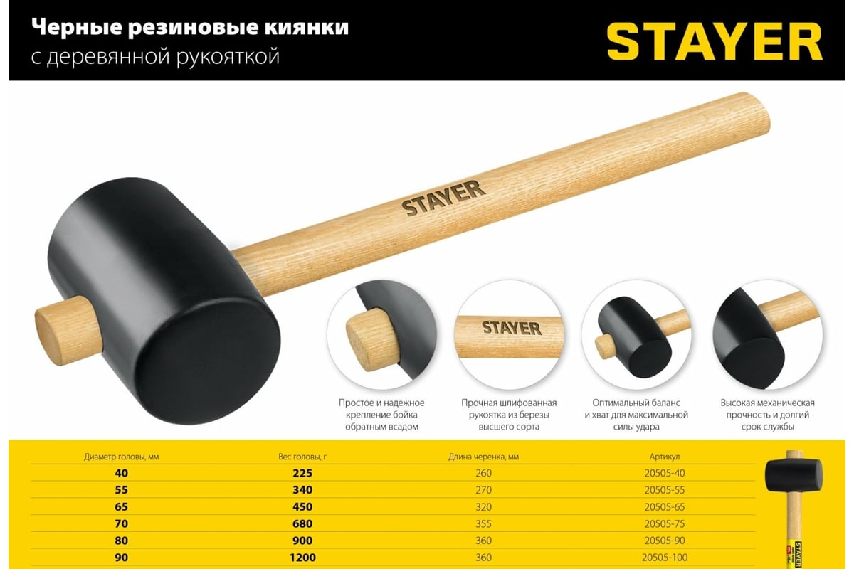 Киянка STAYER резиновая черная с деревянной ручкой, 450г