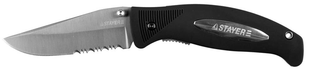 STAYER 80 мм, серрейторная заточка, пластиковая рукоятка, складной нож (47623)