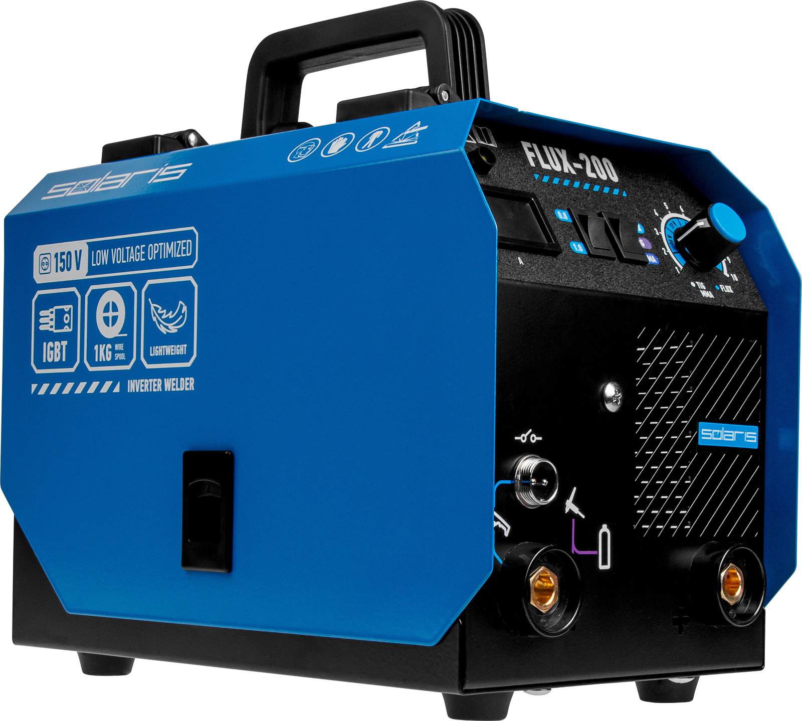 Полуавтомат сварочный Solaris FLUX-200 (230В, 20-180 А, 20,5 В / 80 В / 62 В, FLUX/MMA/TIG LIFT, байонетный разъем, без газа) (SL5712-1) (SOLARIS)