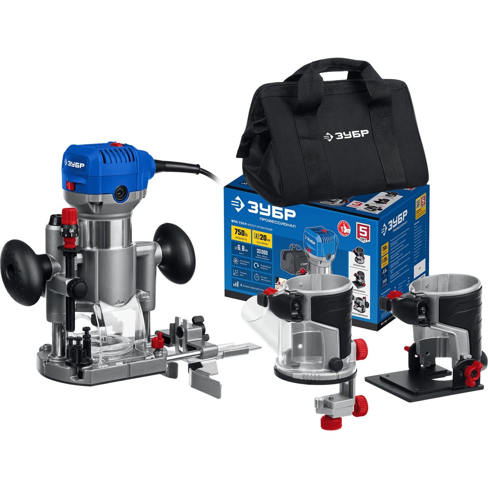 Фрезер кромочный ЗУБР Профессионал 750 Вт,сумка, 3 основания