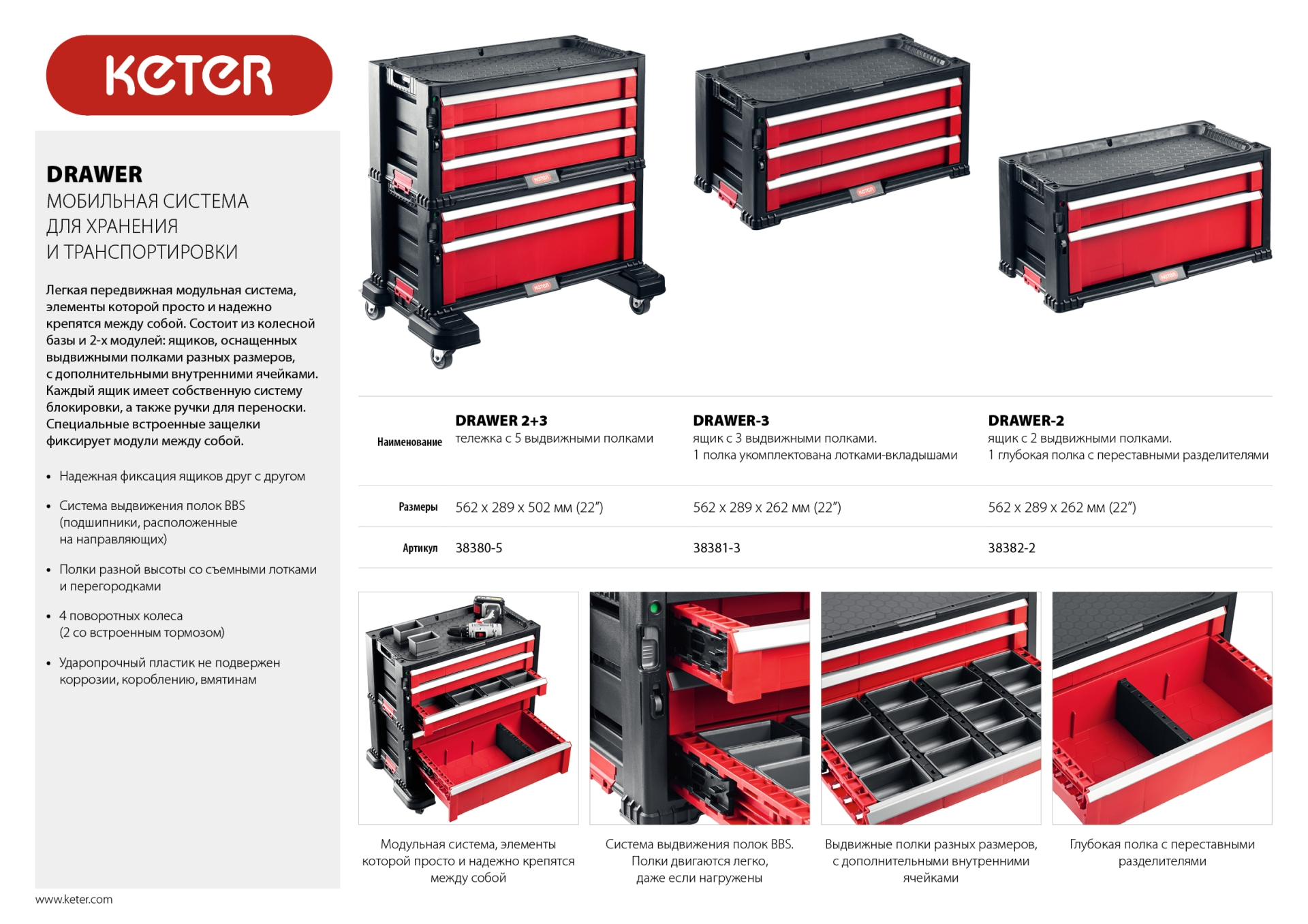 KETER DRAWER-3, 562 х 289 х 262 мм, (22″), ящик с 3 выдвижными полками (38381-3)