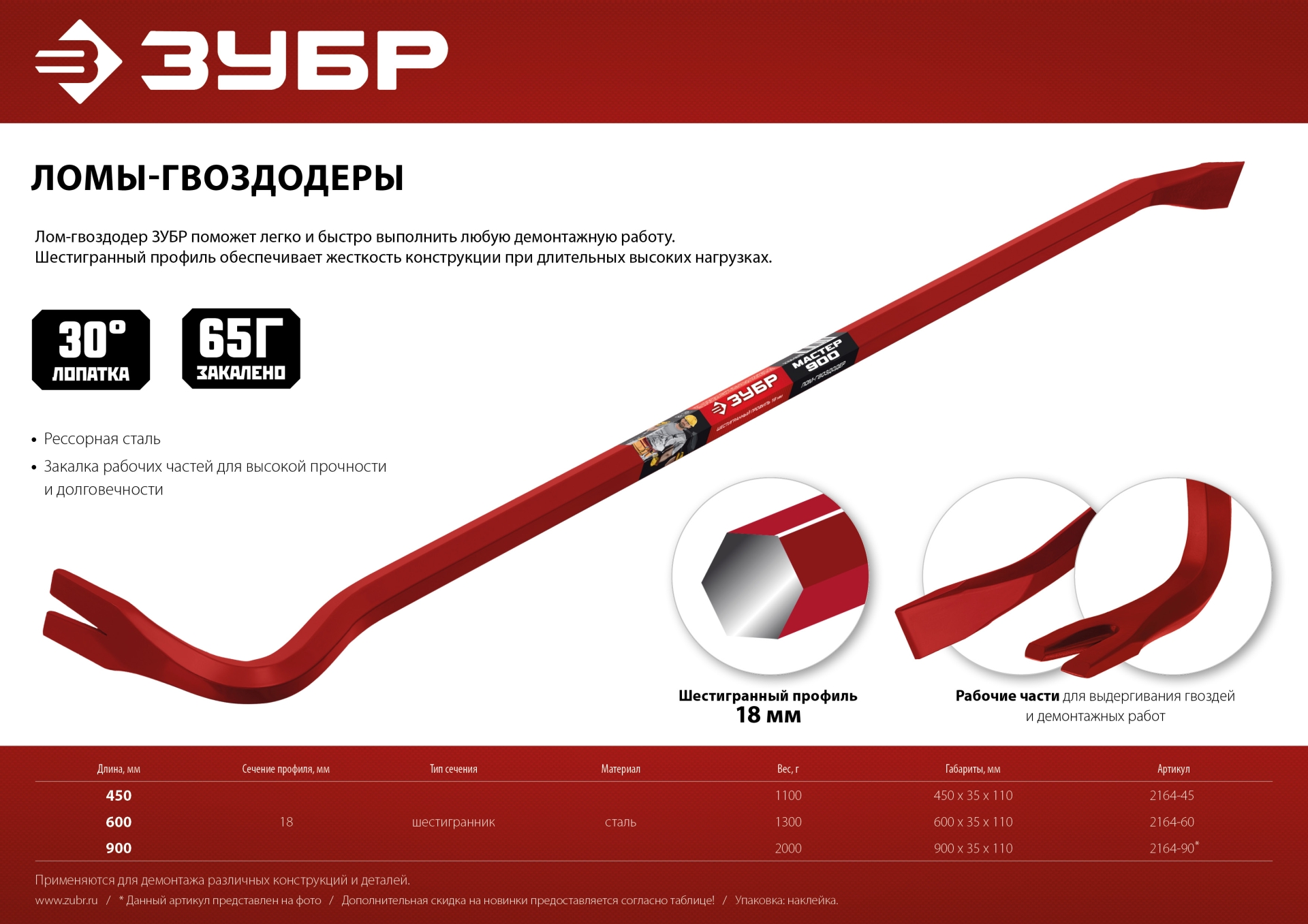 ЗУБР Hex-18, 900 мм, лом-гвоздодер (2164-90)