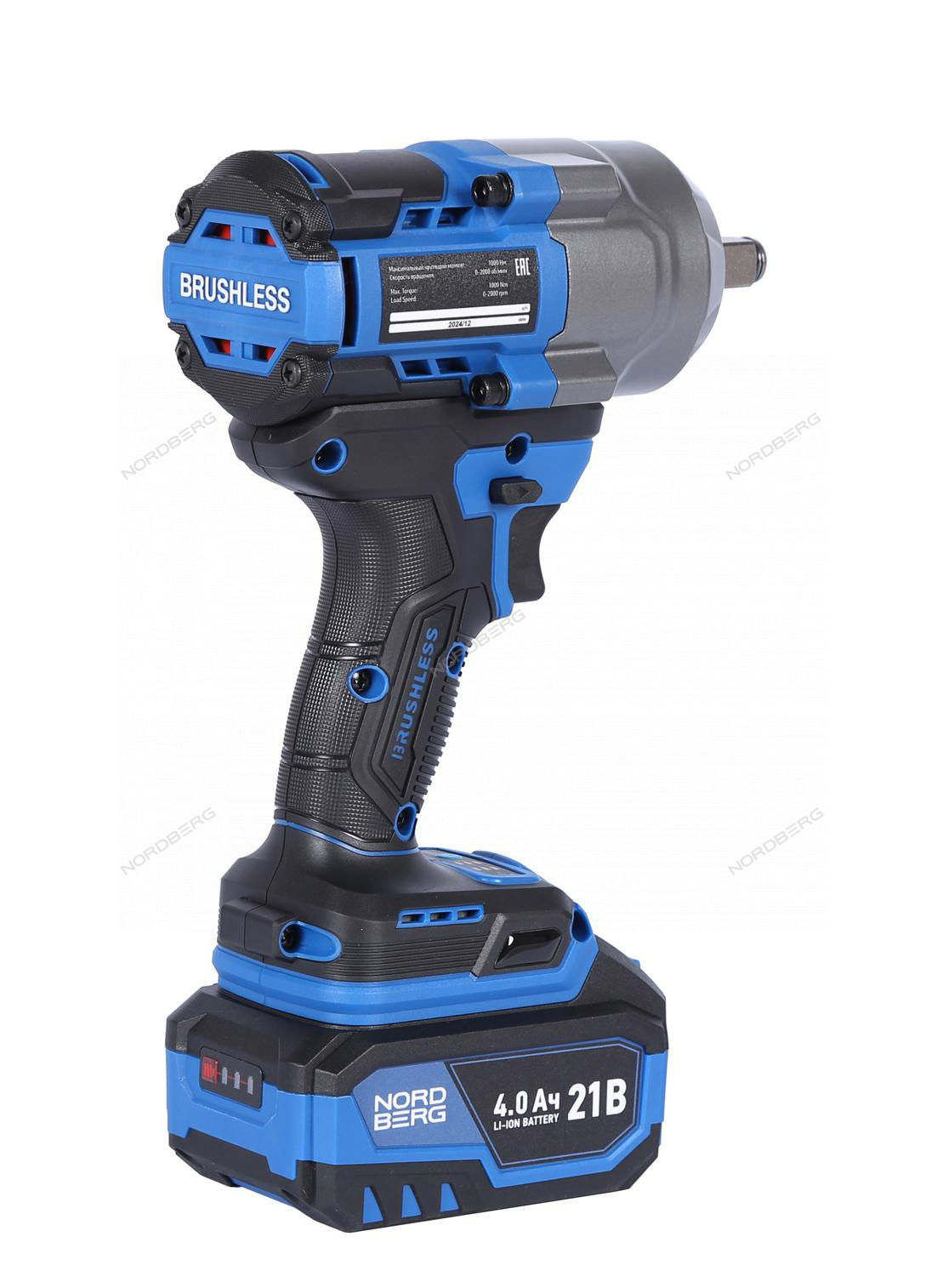 Гайковерт аккумуляторный, 1/2", 21 В, 1000 Нм, 2 аккумулятора 4 A и зарядное устройство, в кейсе NORDBERG NE805K