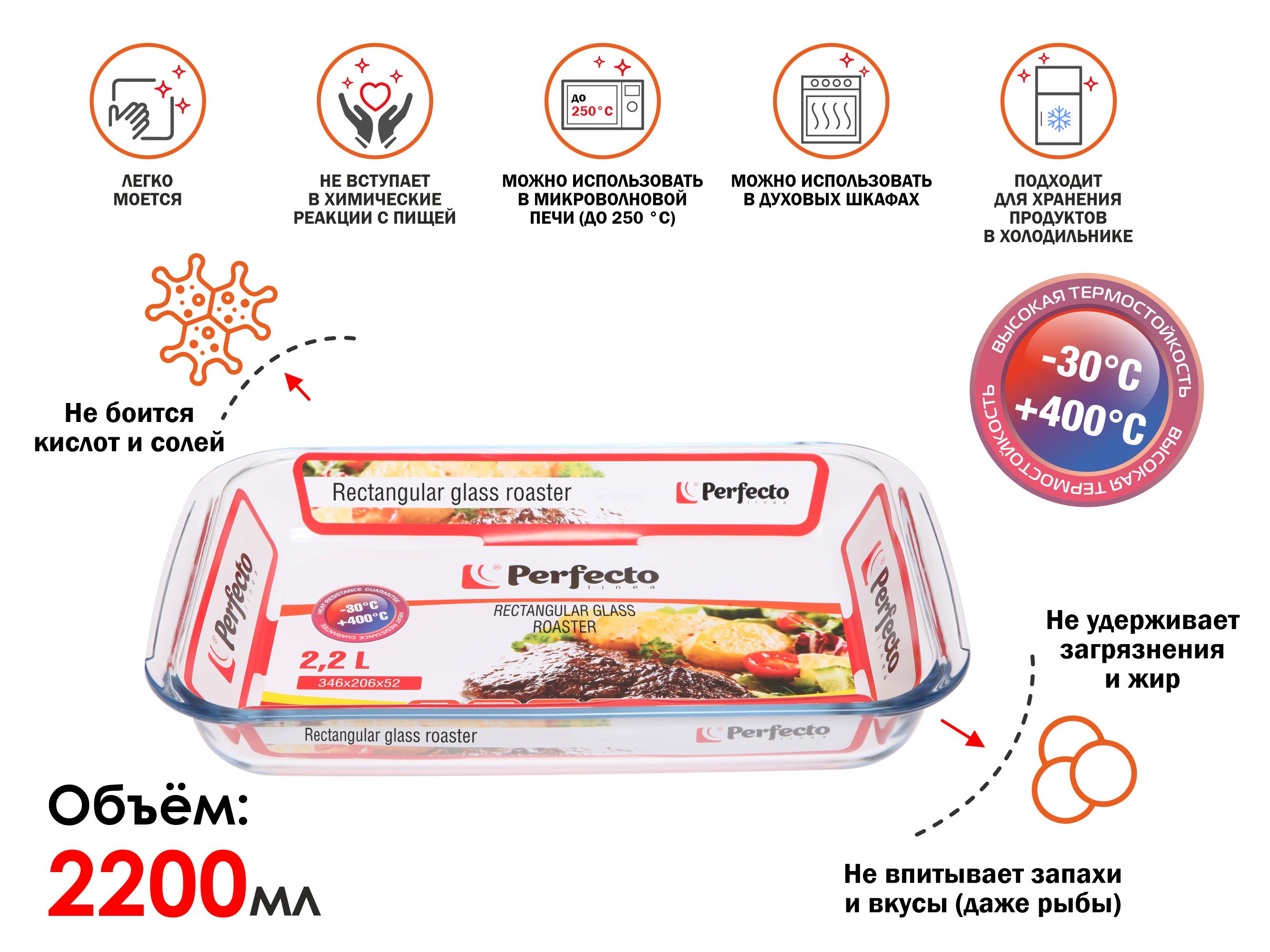 Форма из жаропрочного стекла, 2.2 л, прямоугольная, 346х206х52 мм, PERFECTO LINEA
