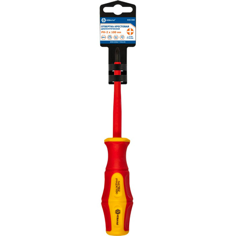 Отвертка диэлектрическая КОБАЛЬТ Ultra Grip PH-2 х 100 мм CR-V, двухкомпонентная рукоятка (1 шт.) подвес