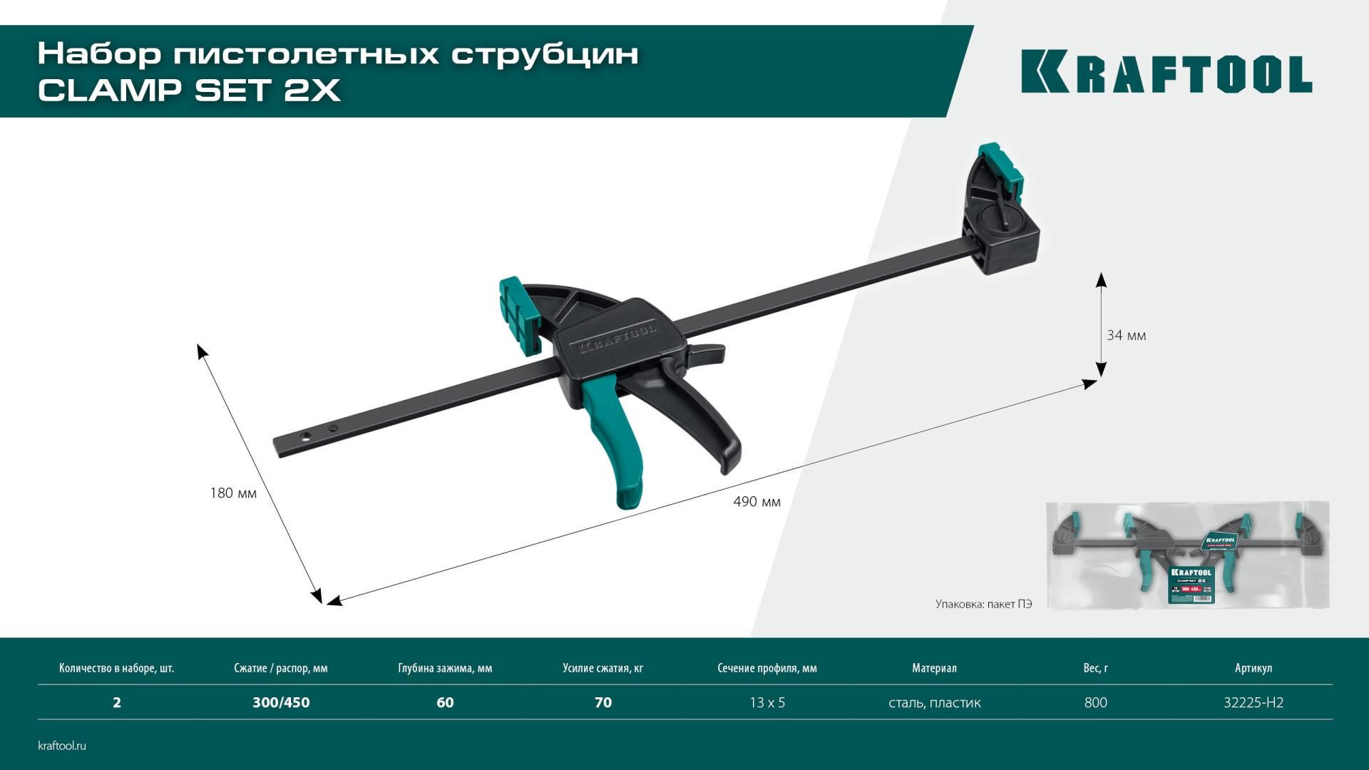 KRAFTOOL 2Х, 300/450 мм, 2 шт, набор пистолетных струбцин (32225-H2)