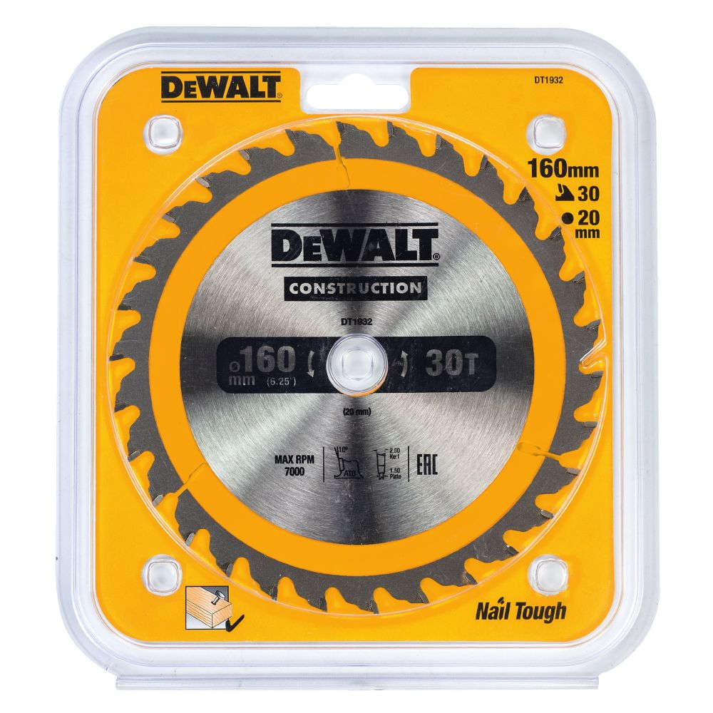 Диск пильный DeWalt твердосплавный 160х20 мм, 30 зубьев CONSTRUCTION DT1932