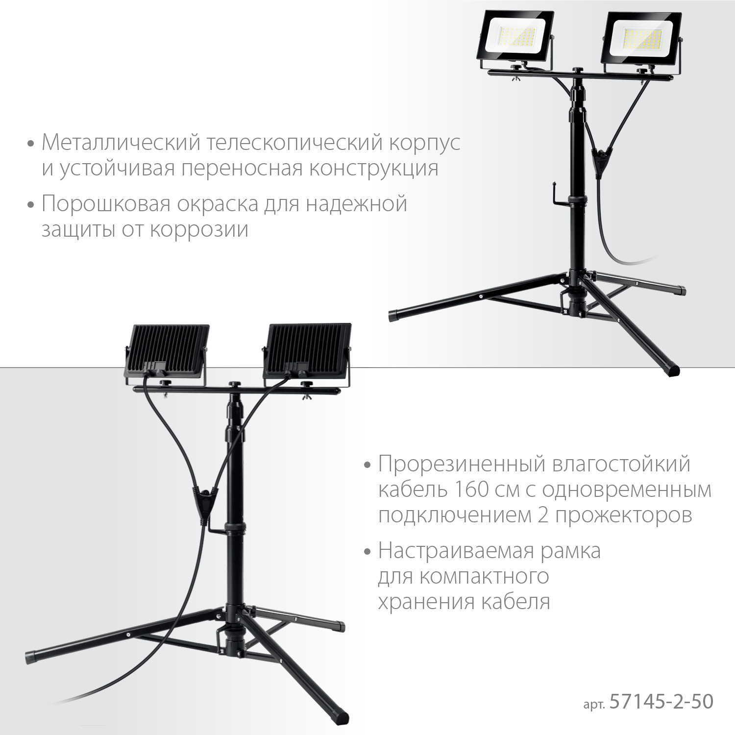 ЗУБР ПСК 50х2, 2 х 50 Вт, 6500 К, IP 65, 1.6 м, светодиодные прожекторы на штативе, Профессионал (57145-2-50)