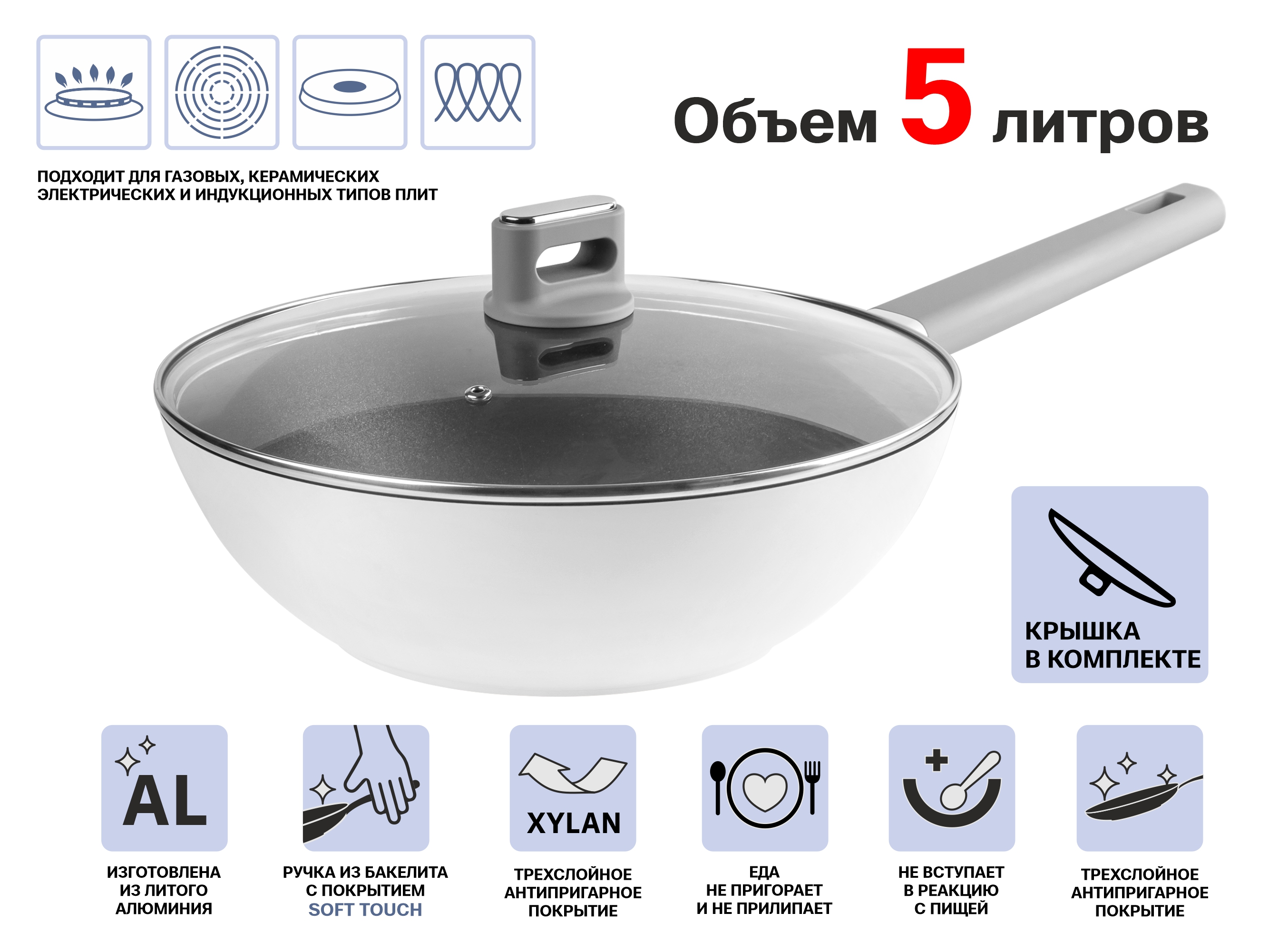 Сковорода литая WOK ф 30х9.5 см, алюм, антиприг. покр, для индукц. плит, серия Teide, PERFECTO LINEA