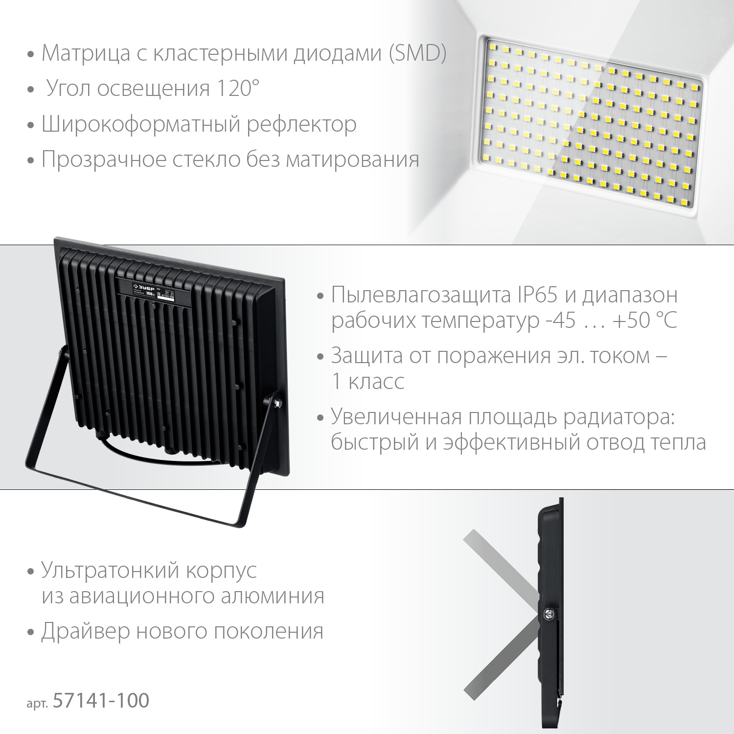 ЗУБР ПСК-100, 100 Вт, 6500 К, IP 65, светодиодный прожектор, Профессионал (57141-100)