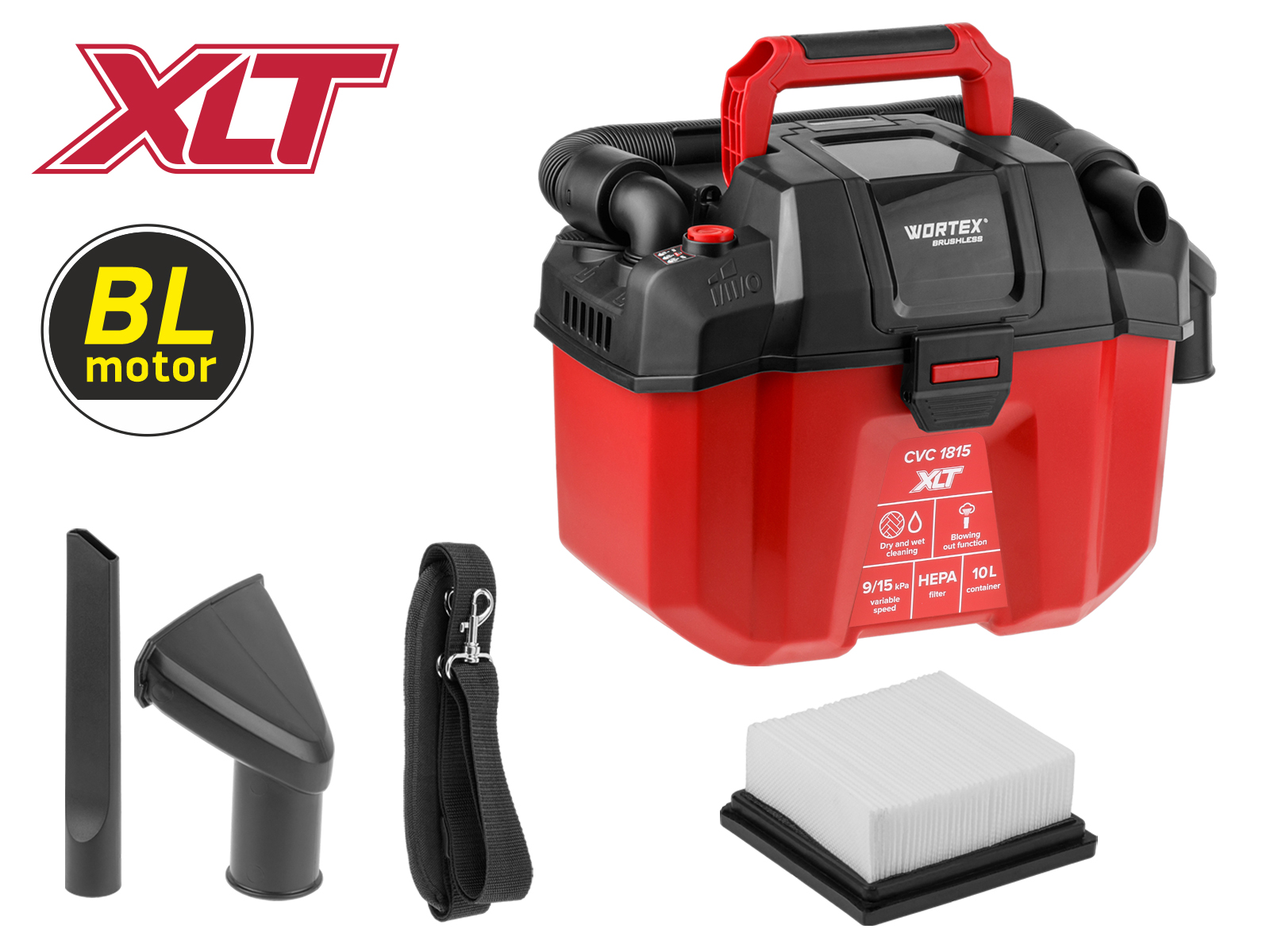 Аккум. пылесос WORTEX CVC 1815 в кор. ALL1 XLT SOLO БЕСЩЁТ., 18 В, 9-15 кПа, 10 л, строительный (18 В, строительный,  бесщёт. двигатель, БЕЗ АКБ и ЗУ,