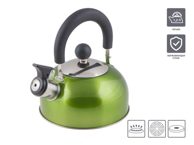 Чайник со свистком, нержавеющая сталь, 1.2 л, серия Holiday, зеленый металлик, PERFECTO LINEA (диаметр 16,5 см, высота 13,5 см, общий объем изделия 1,