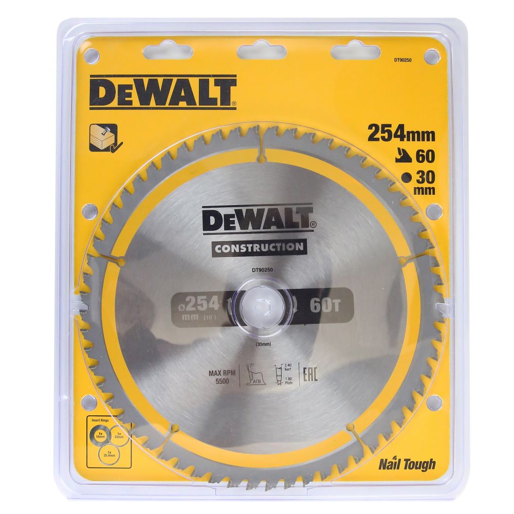 Диск пильный DeWalt твердосплавный 254х30 мм, 60 зубьев CONSTRUCTION DT90250