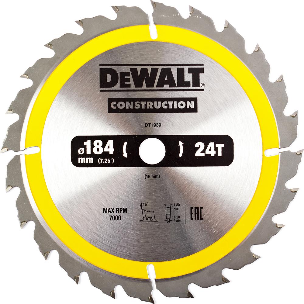 Диск пильный DeWalt твердосплавный 184х16 мм, 24 зуба констракшн/CONSTRUCTION DT1939