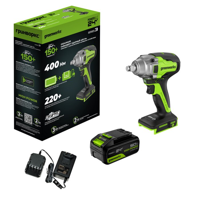 Гайковерт аккумуляторный ударный Greenworks GD24IW400 (АКБ 5Ач,ЗУ)