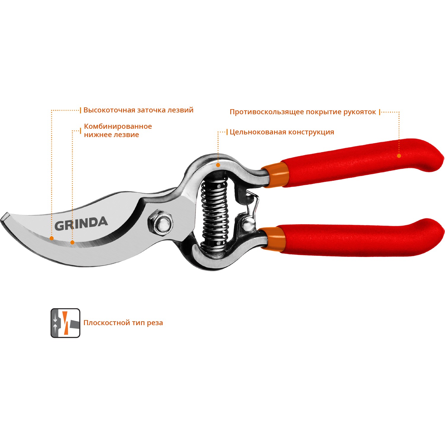 GRINDA G-3, 200 мм, высокоуглеродистая сталь, цельнокованый, покрытие ПВХ, плоскостной секатор (423103)