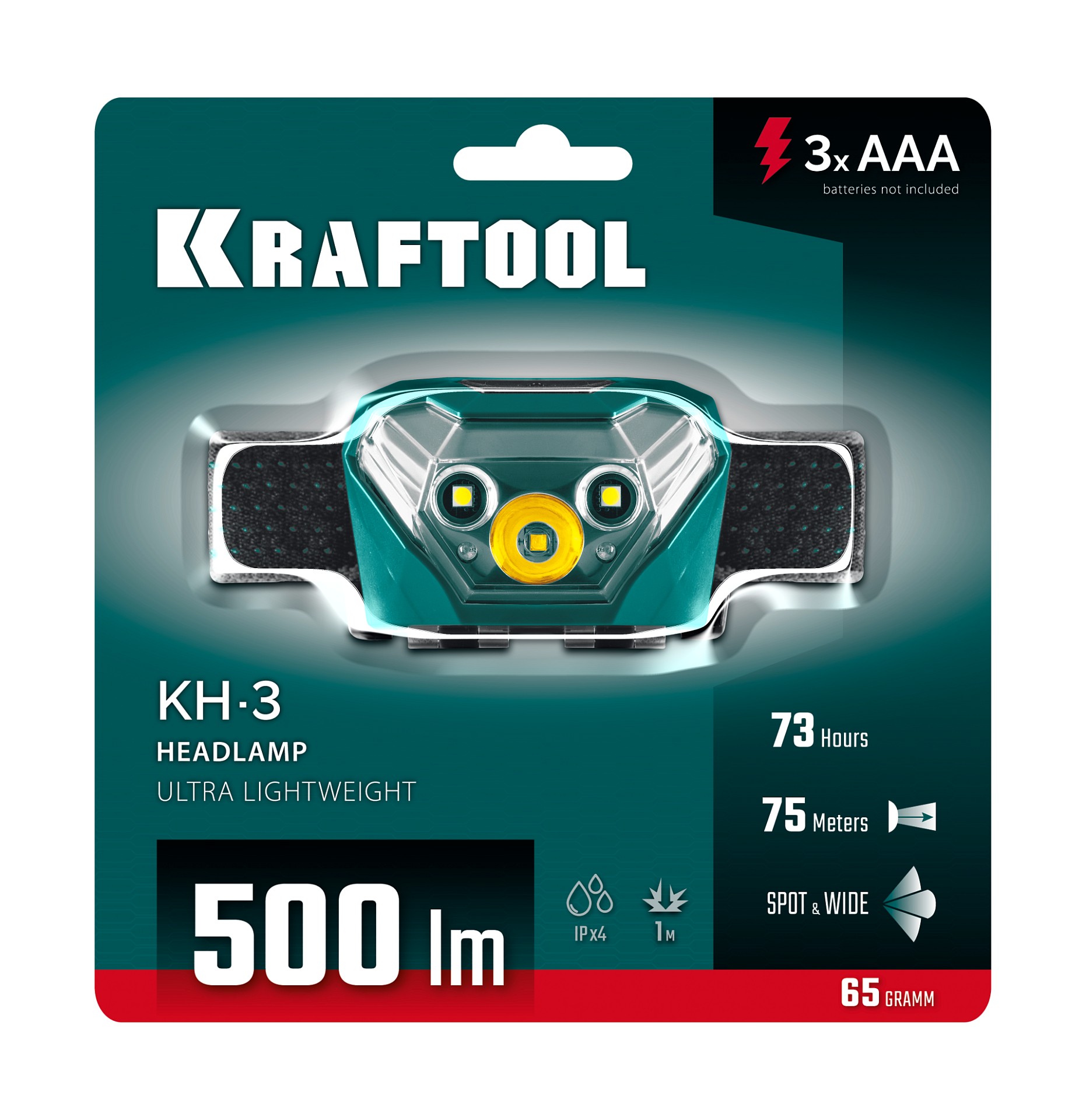 KRAFTOOL KH-3, 500 лм, 5 режимов, налобный фонарь, 3ААА (56456)