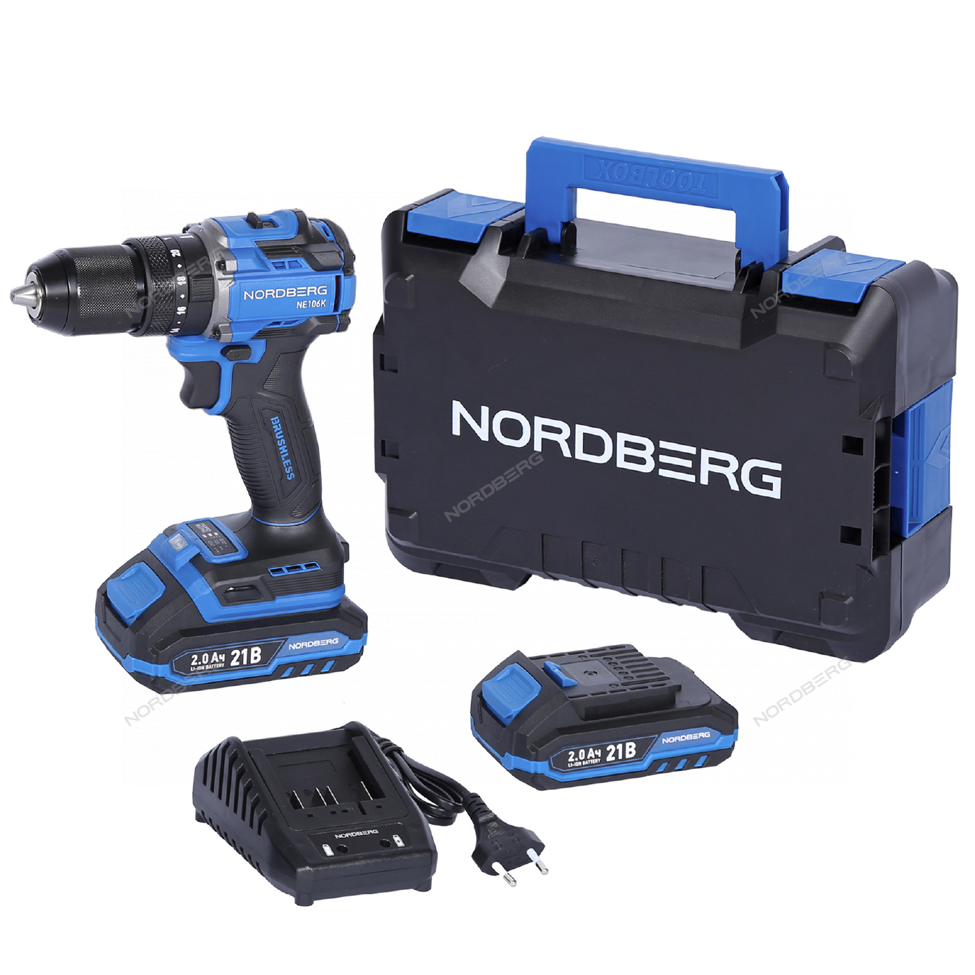 Шуруповерт аккумуляторный макс.диам. сверла 13 мм, 21 В, 70 Нм с 2 аккумуляторами и зарядным уст-вом NORDBERG NE106K