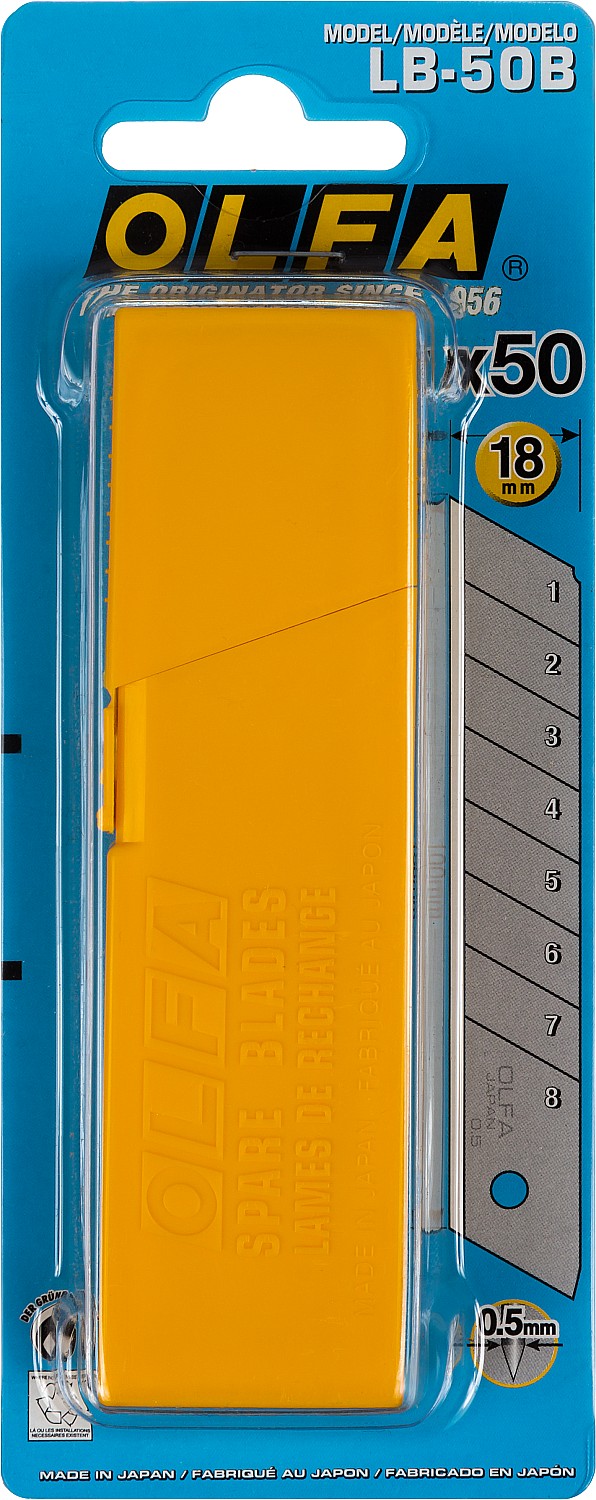 OLFA 18 мм, 50 шт, в пластиковом кейсе + блистер, сегментированные лезвия (OL-LB-50B)