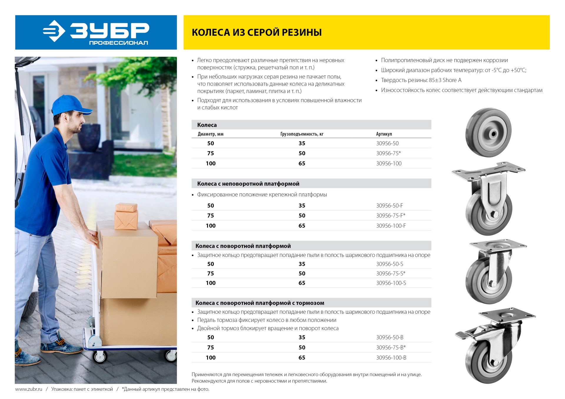ЗУБР d 50 мм, г/п 35 кг, резина/полипропилен, поворотное колесо (30956-50-S)